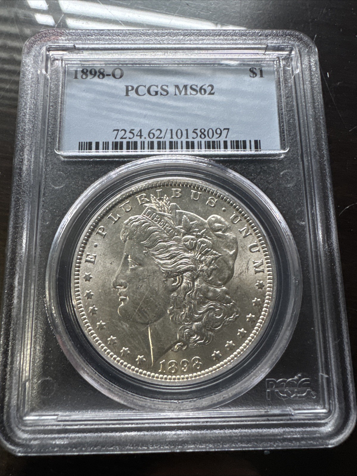 1898-O Morgan Silver Dollar PCGs MS62Blue Label Case  Bright White