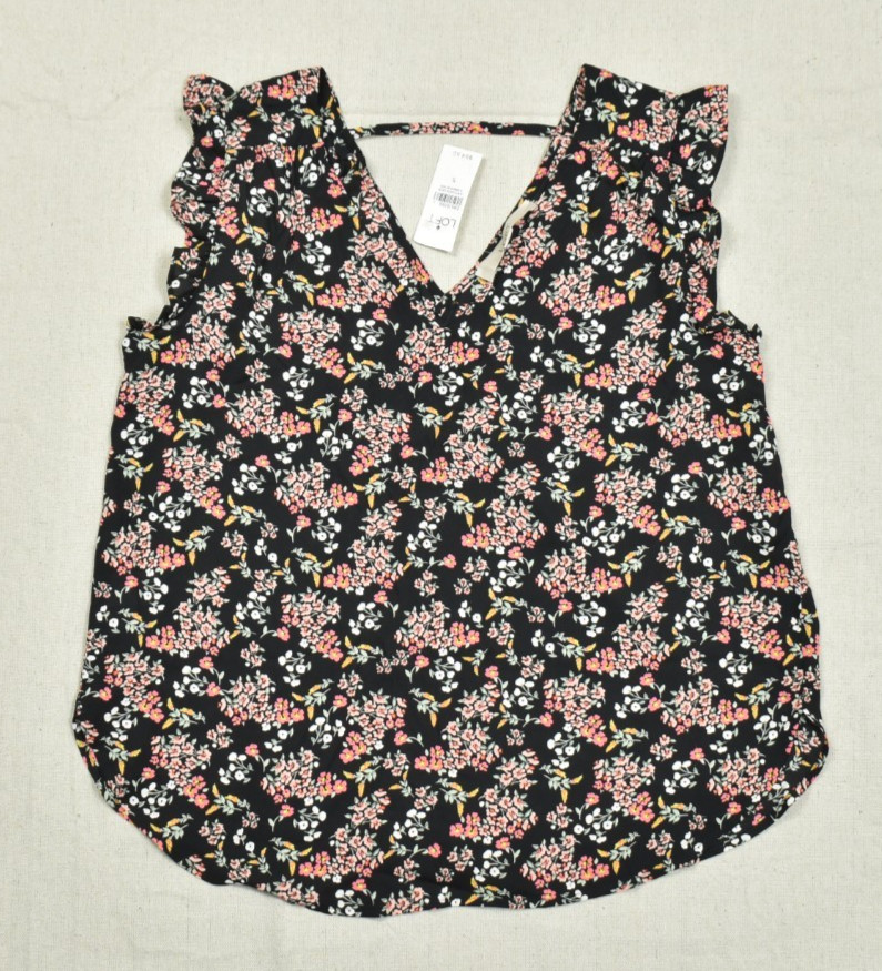 LOFT Womens Floral V-Neck Flutter Ruffle Sleeve Blouse Top Black Pink Small NWT