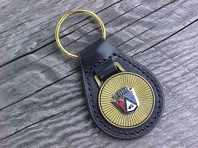 1950s FORD CAR CREST GOLD LEATHER KEY FOB VINTAGE NOS CUSTOM-MADE HI-QUALITY