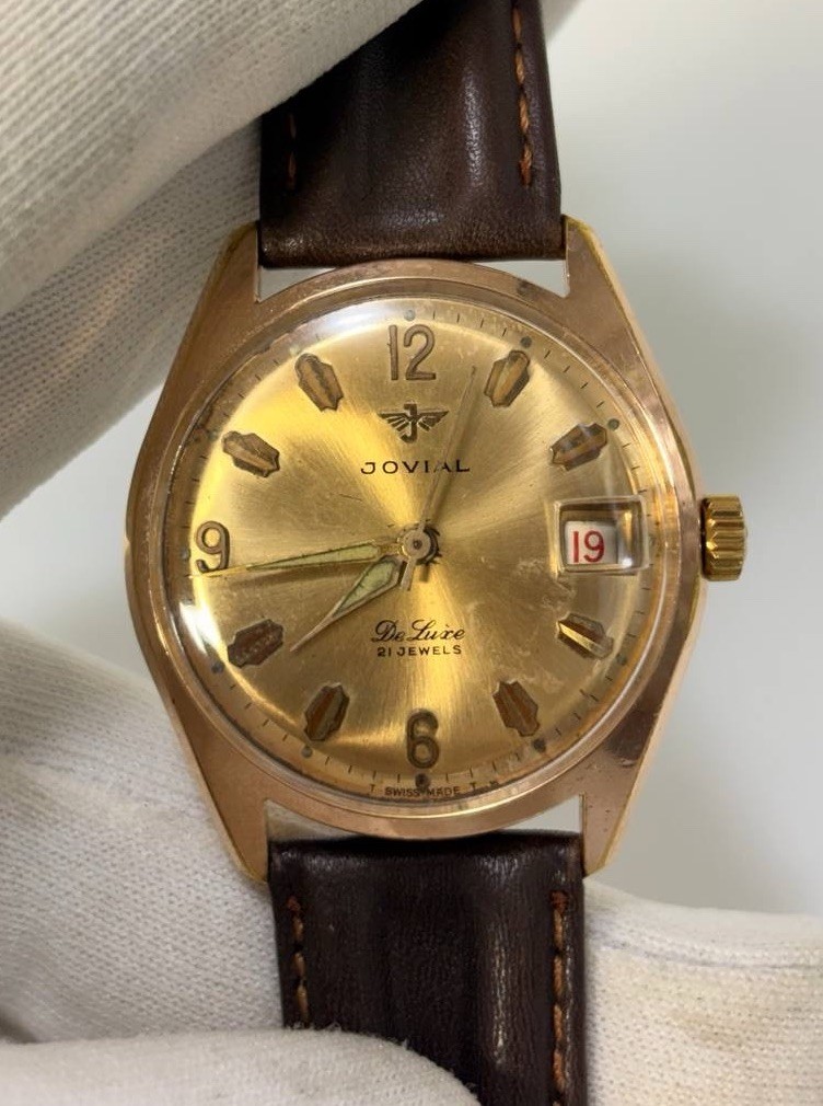 Vintage Jovial De Luxe 21 Jewels Swiss 34mm Gold Plated Date Watch Boxed 1960s