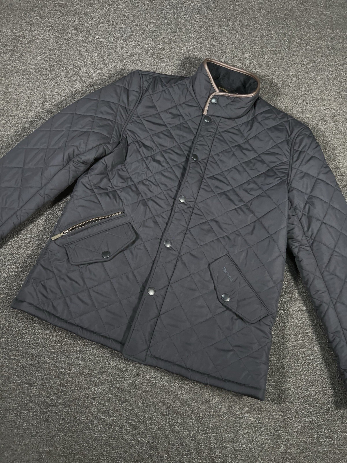 Barbour Powell Quilted Jacket Men Medium Black Fleece Lined Leather Trim Coat