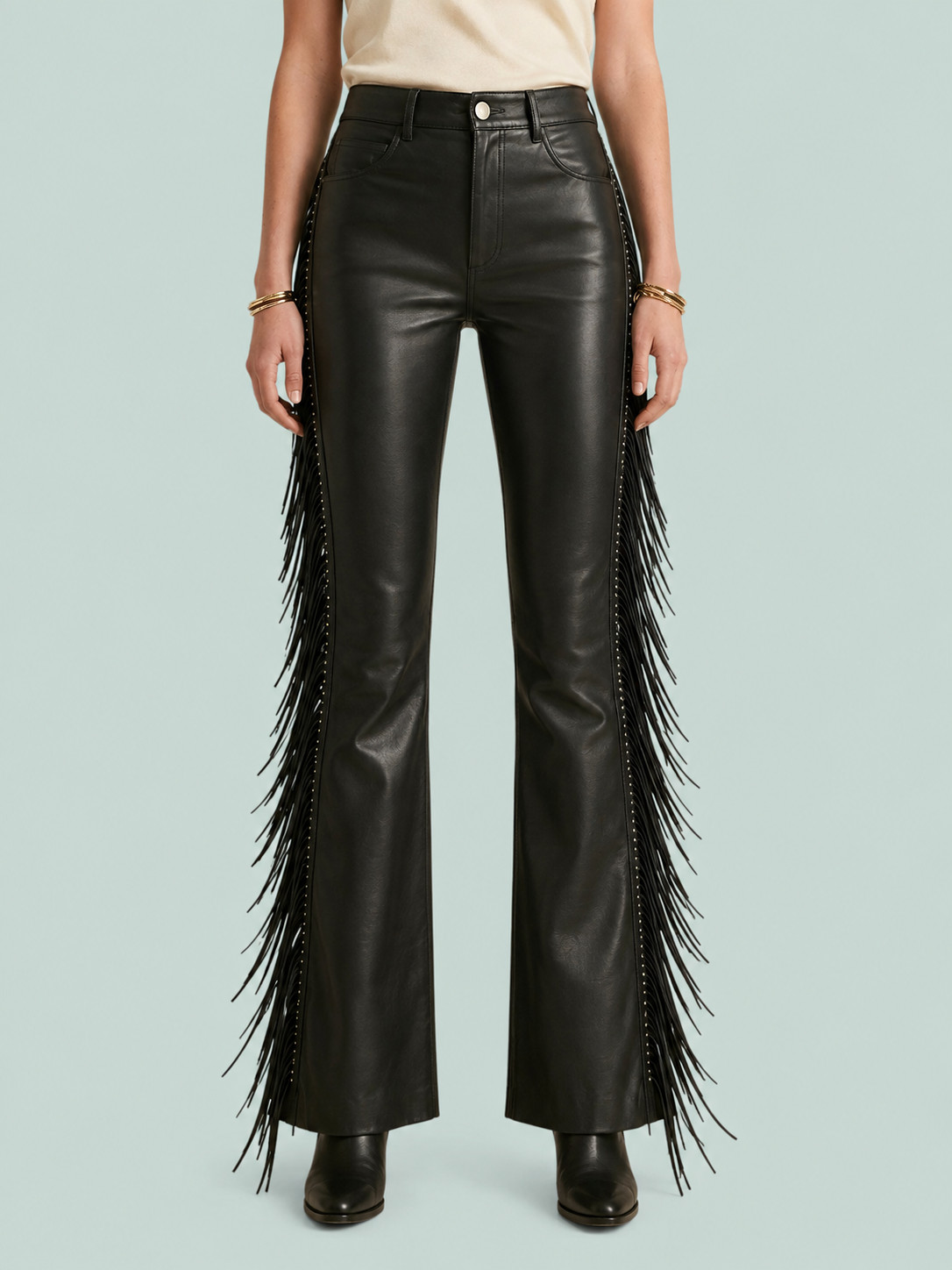 Women\'s Black Leather Fringe Pants Western Motorcycle Bootcut Trousers Women\'s Black Leather Fringe Pants Western Motorcycle Bootcut Trousers