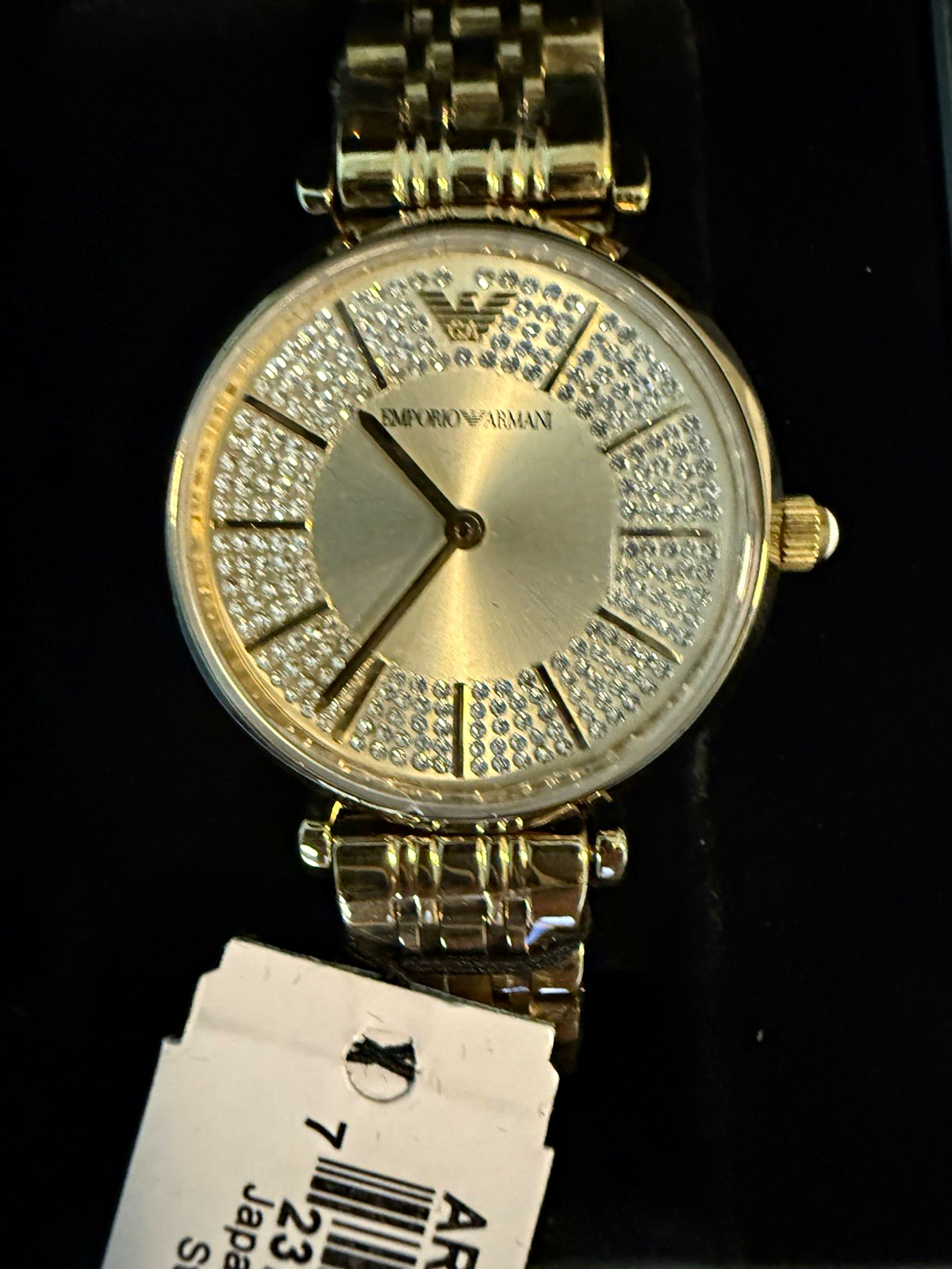 Emporio Armani AR11608 Women’s 32mm Gold Tone Crystal Dial Quartz Watch Box Tag