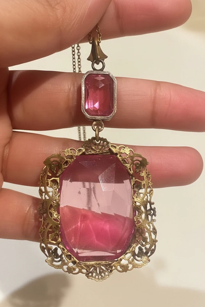 Large Pink Glass Pendant Necklace 17” Large Pink Glass Pendant Necklace 17”