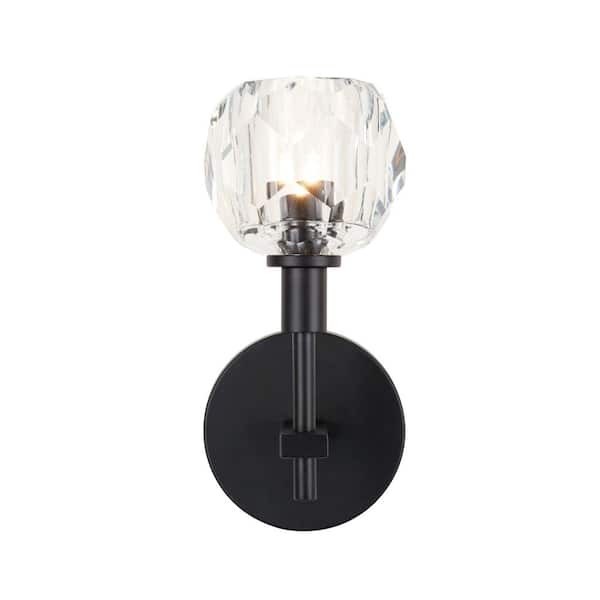 Alsy 4.75 in. 1-Light Black Round Wall Sconce with Clear Captured Crystal Shade