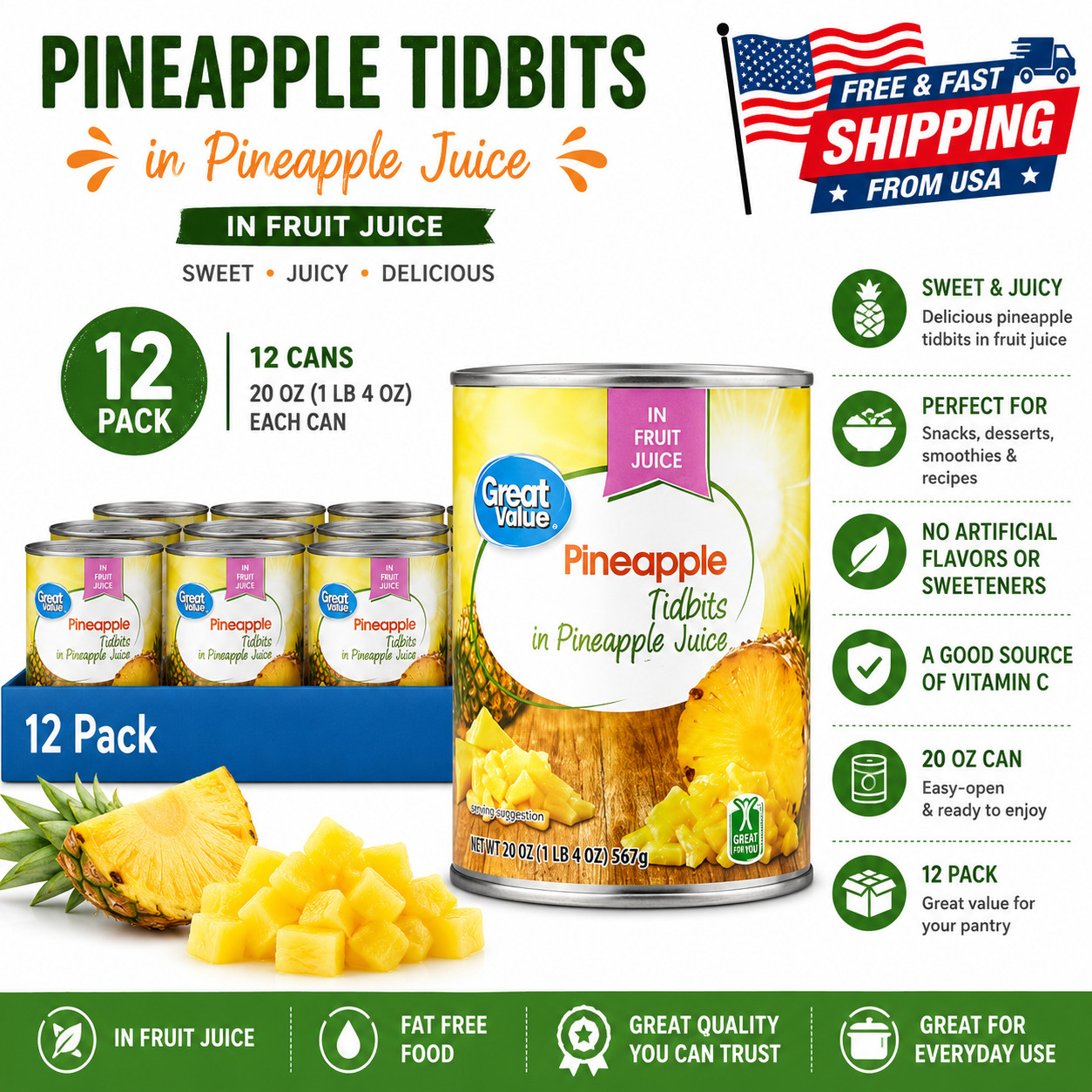 12 pack, Great Value Canned Pineapple Tidbits, 20 oz.