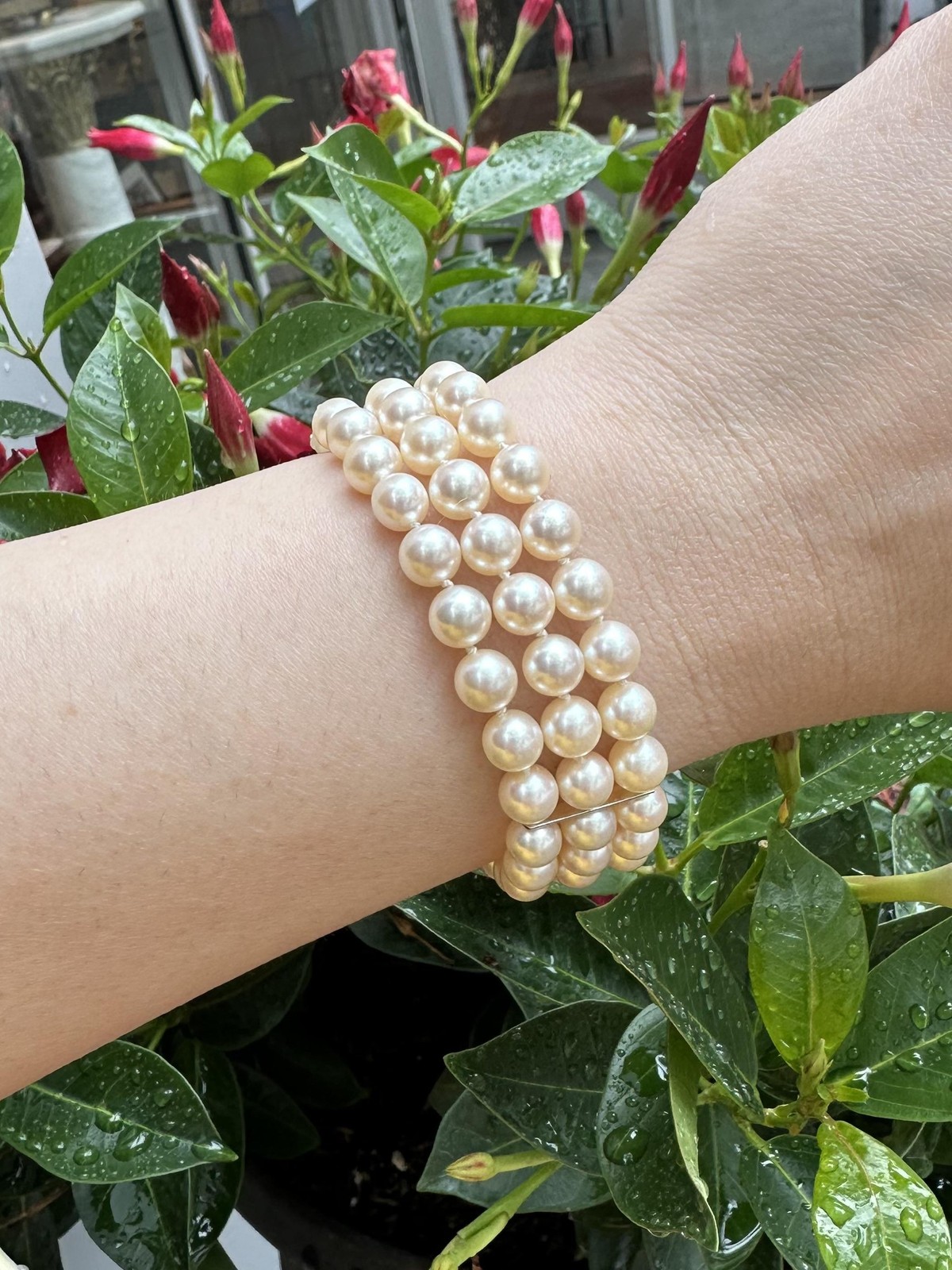 Vintage Mikimoto 3 Strand 6.5-7mm Pearl Bracelet w/ 14k Gold Engraved Clasp