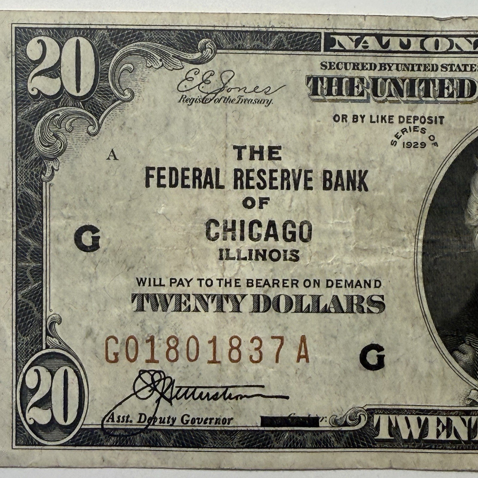 1929 G 20 Dollar Note Brown Seal Chicago Illinois Mis Cut Error Old Collectable 1929 G 20 Dollar Note Brown Seal Chicago Illinois Mis Cut Error Old Collectable