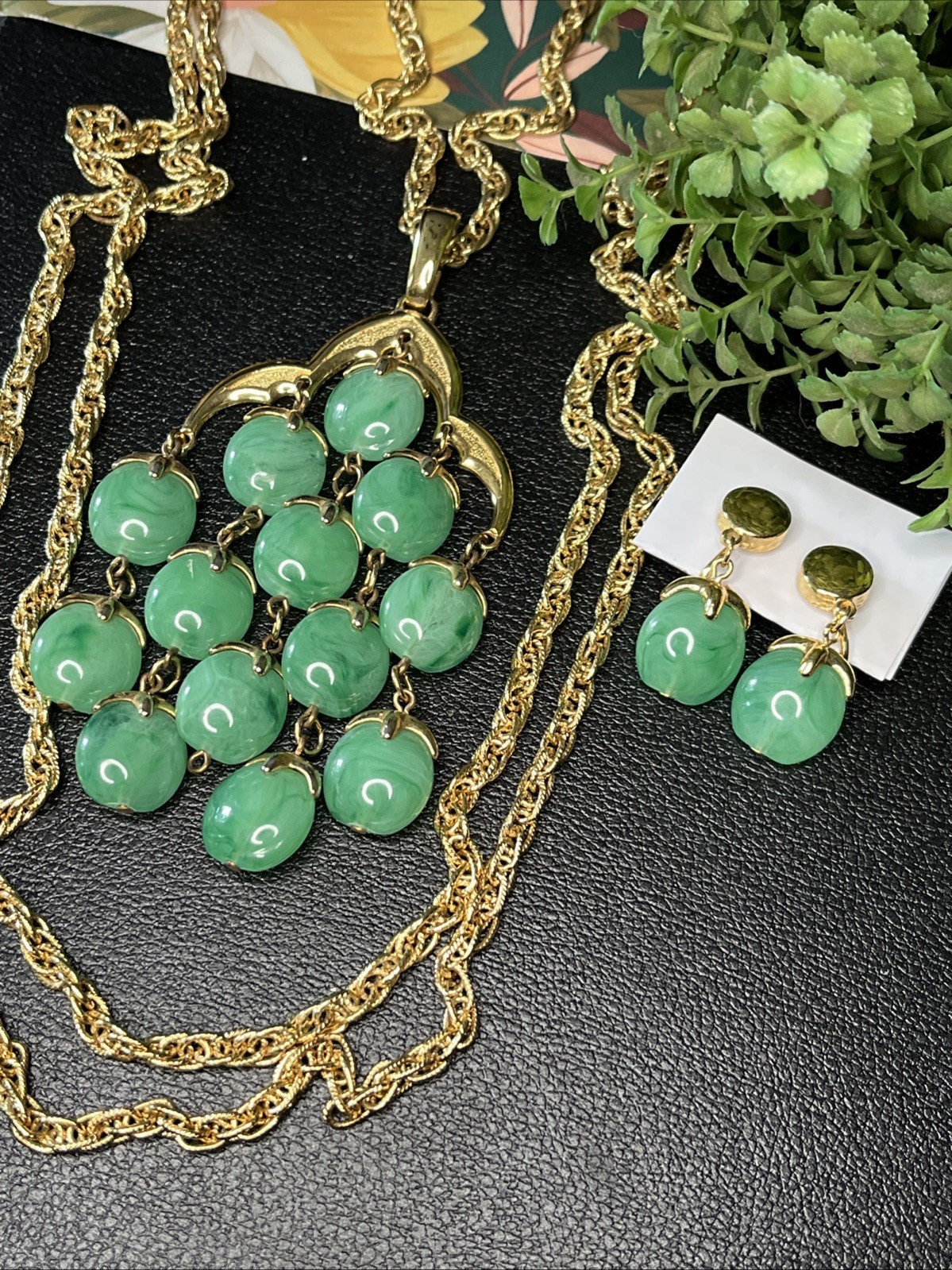 Vintage Signed TRIFARI Faux Jade Triple Strand Waterfall Necklace & Earrings SET