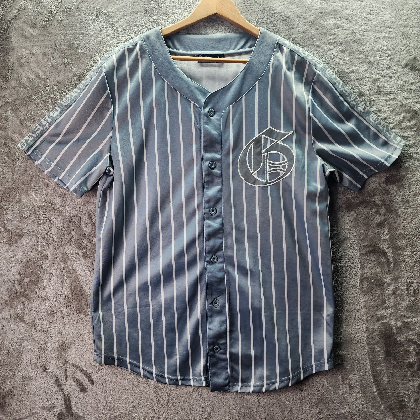 Rebel Minds XL Gray Pinstripe Baseball Jersey Shirt Embroidered G Logo Streetwea