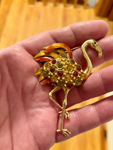 Vintage Large Rhinestone & Enameled Flamingo Brooch - Gold Tone Setting