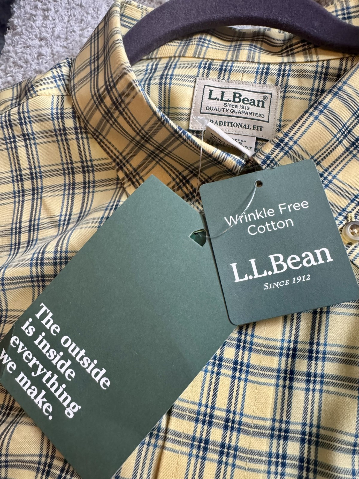 L.L.Bean Men\'s XL NWT Traditional Fit Gingham Check Shirt Butter TrueCool