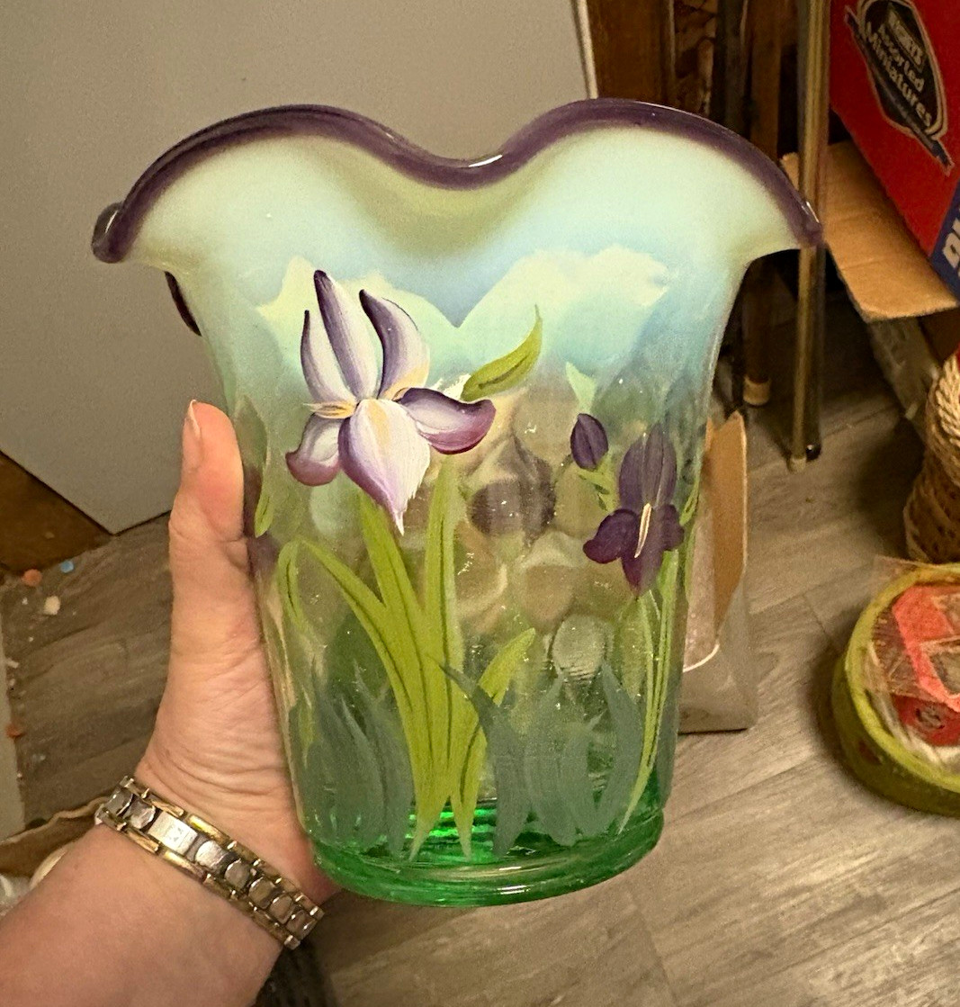 Fenton Designer Showcase Hand Painted Signed Iris Art Glass Vase 2001 C45395