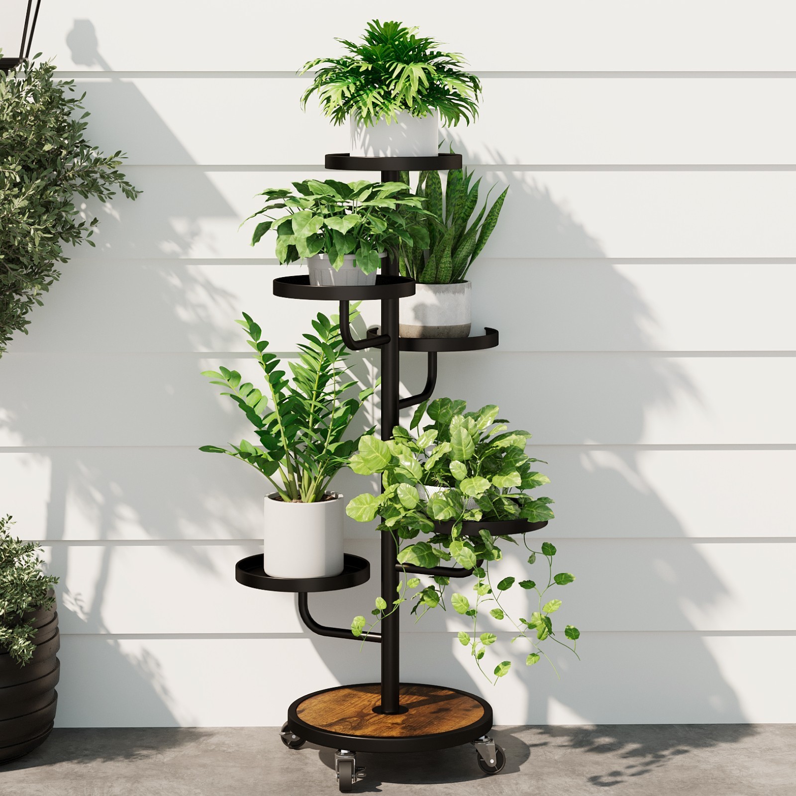 Bamworld Tall Plant Stand Metal Plant Stands with Wheels 5 Tier Heavy Duty Black