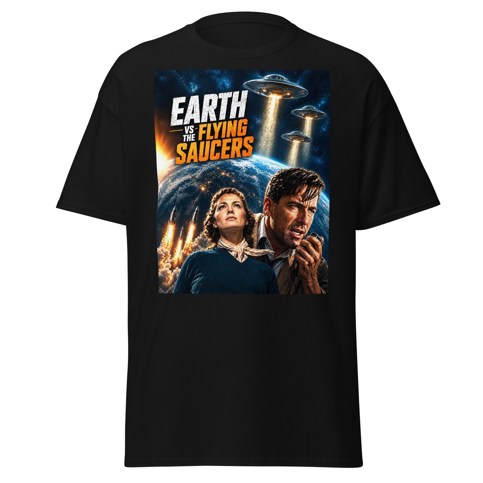 EARTH VS THE FLYING SAUCERS 1956 Movie T-Shirt Black CUSTOM FAN ART Aliens UFO