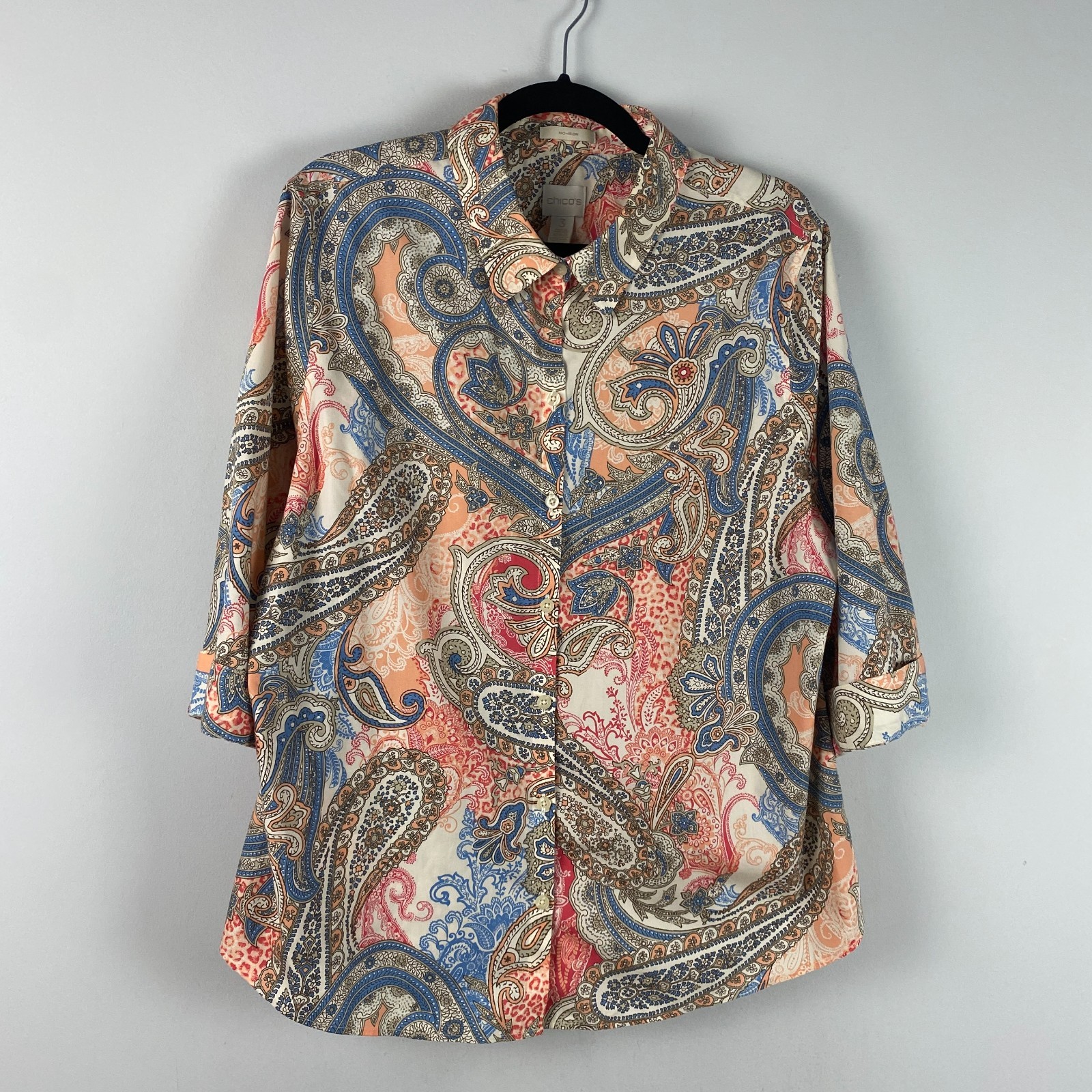Chicos No Iron Paisley Button Up Shirt Size 3 US XL Multicolor 3/4 Sleeves
