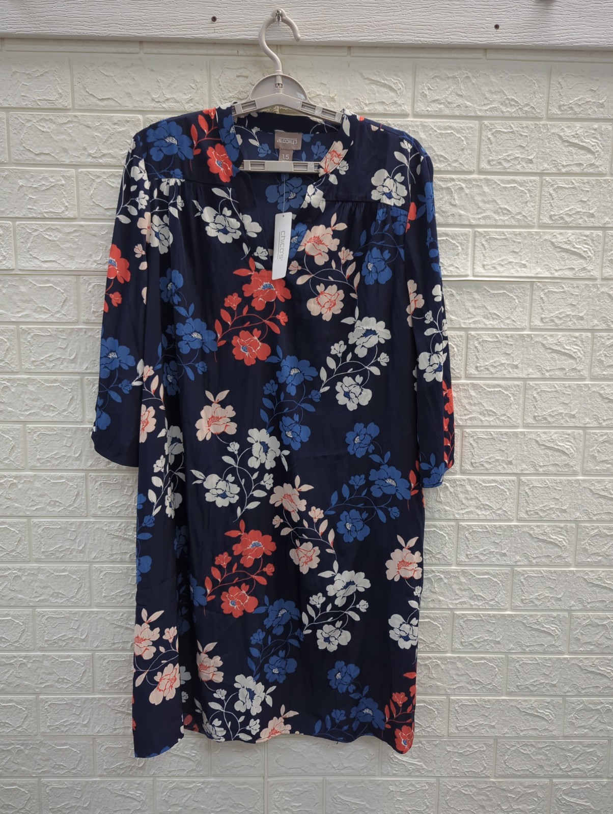 New Chico\'s Midi Dress V Neck 3/4 Sleeve Dress Women\'s Size 1.5 (US Size M/10)