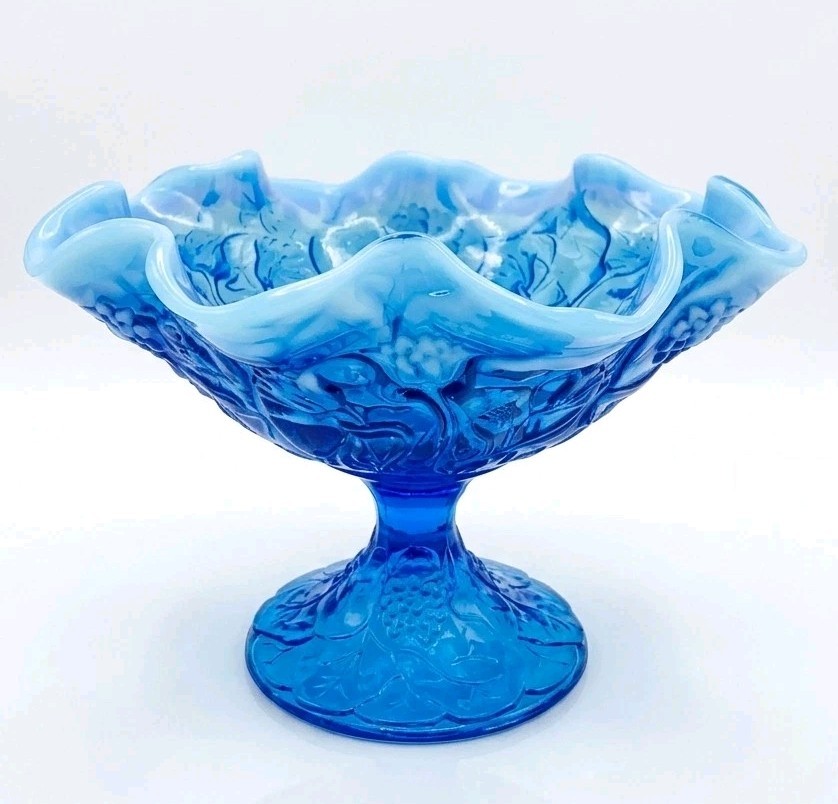 Vintage Fenton Glass Blue Opalescent Water Lily Pedestal Compote Bowl UV Glow