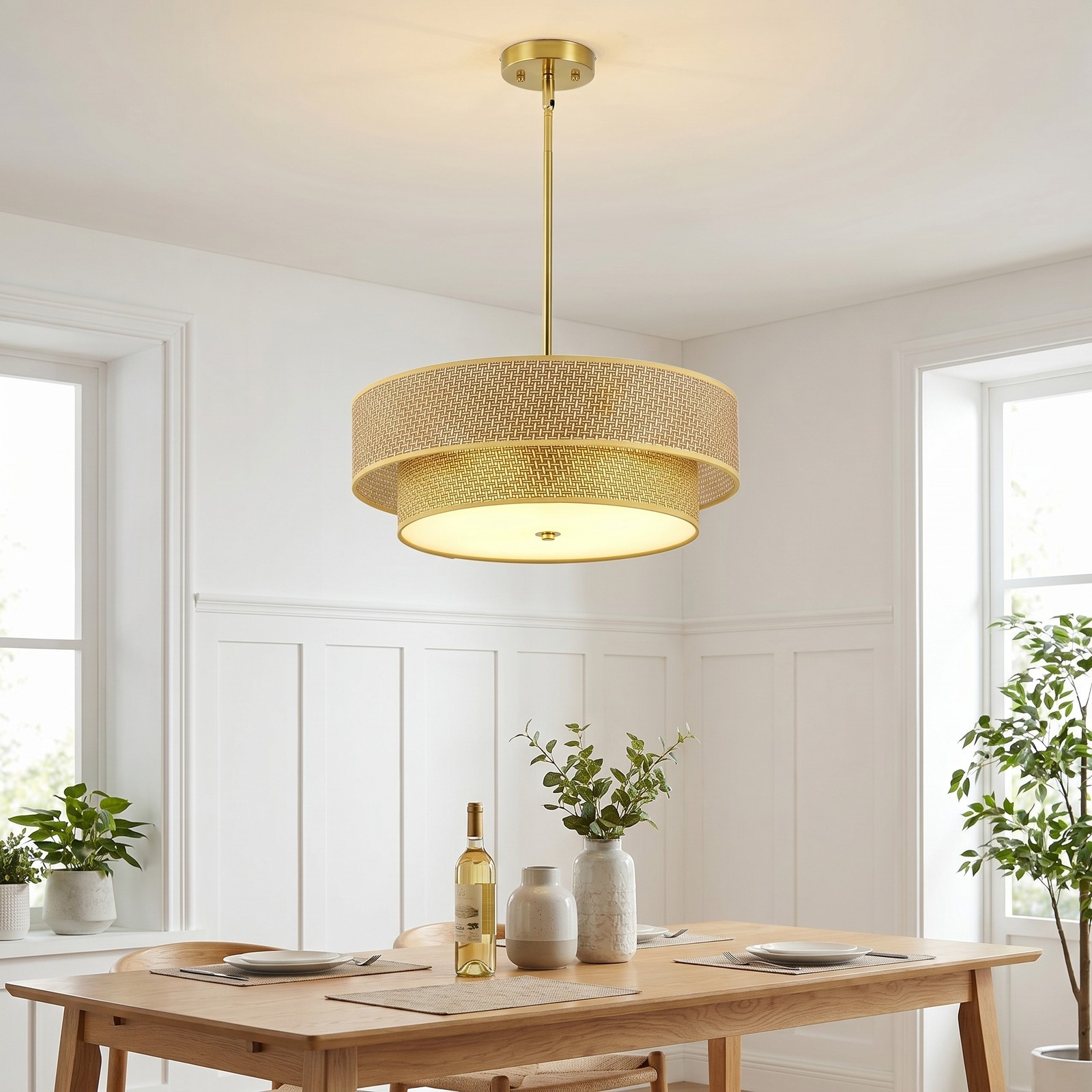18 inch Boho Woven Rattan Linen Pendant Chandelier 3-Light Living Room Fixture