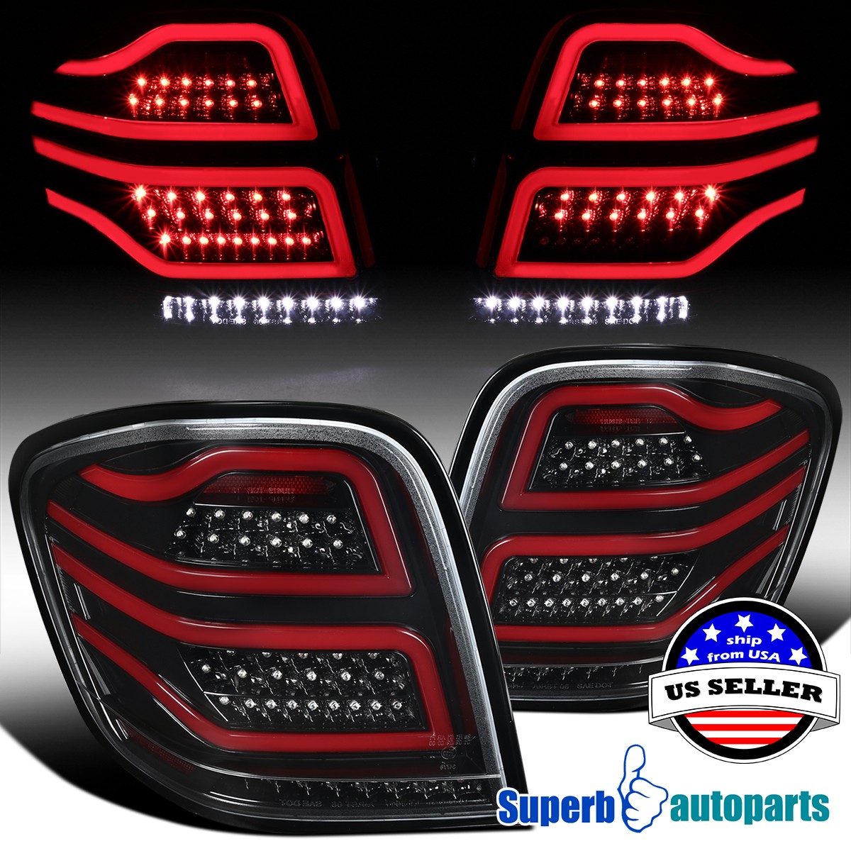 Fits 2006-2011 Mercedes ML-Class W164 Shiny Black LED Rear Brake Tail Lights