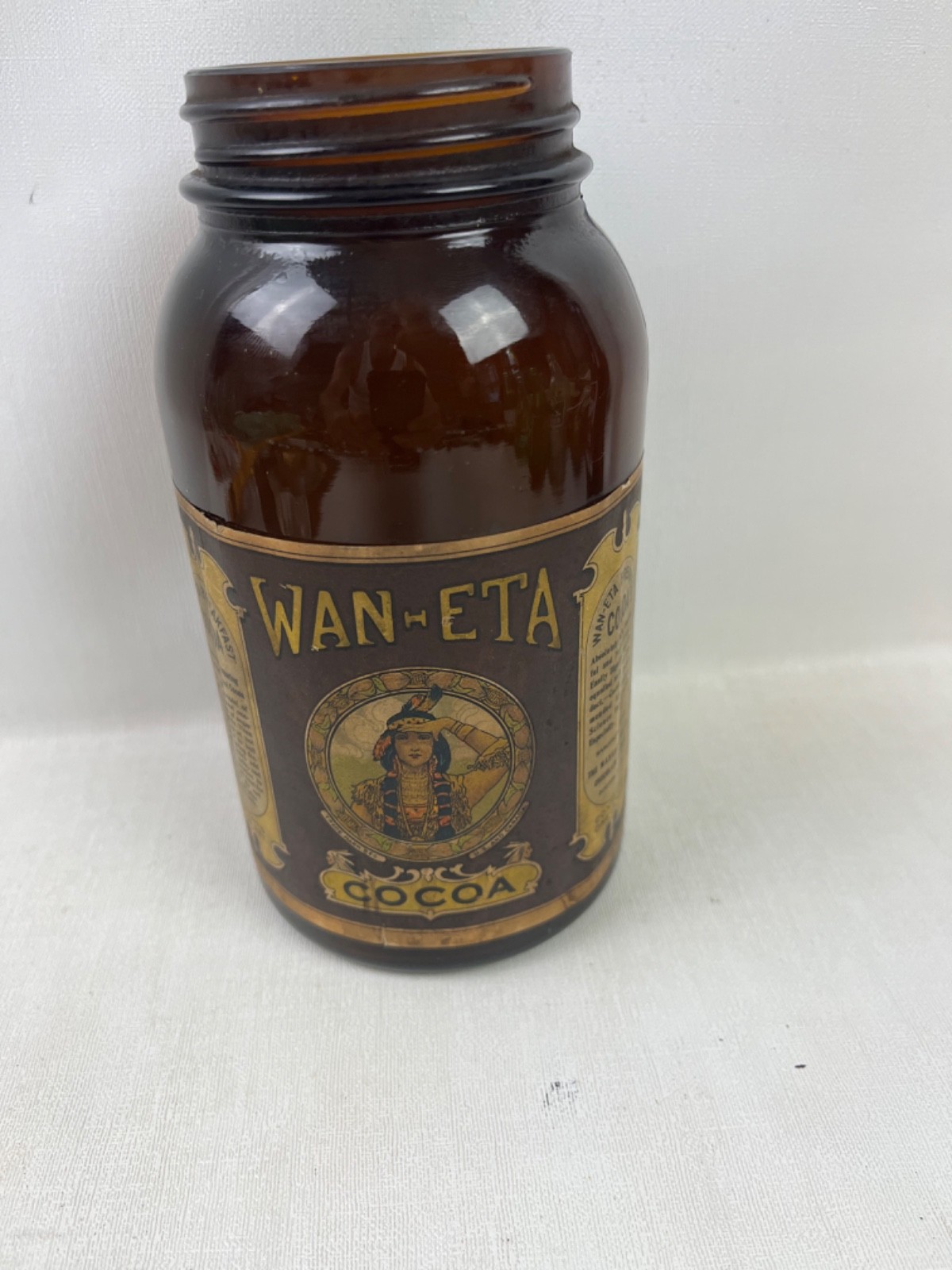 Antique Amber Glass Jar WAN-ETA COCOA Massachusetts Chocolate Company With Label Antique Amber Glass Jar WAN-ETA COCOA Massachusetts Chocolate Company With Label