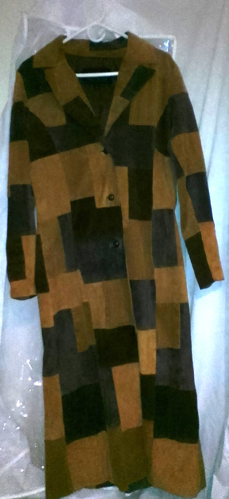 VTG Wilsons Leather Patchwork Trench Coat L Suede 70s Boho Penny Lane Duster