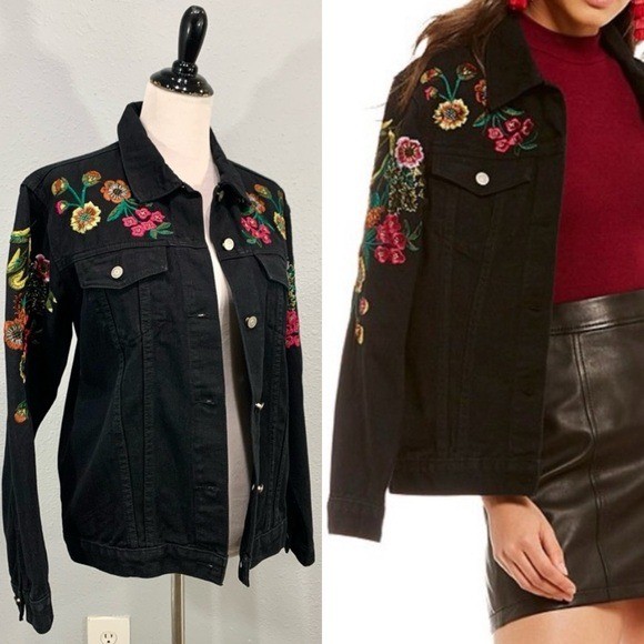 Gianni Bini Southern Dream Denim Jacket NWT Large Black Floral Embroidered