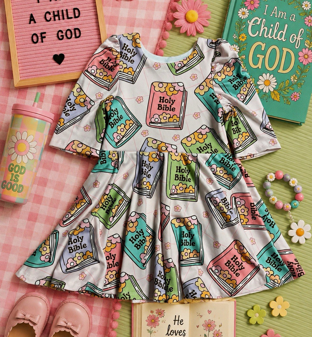 Girls 2T handmade custom 1/2 Sleeve Bible Print Dress