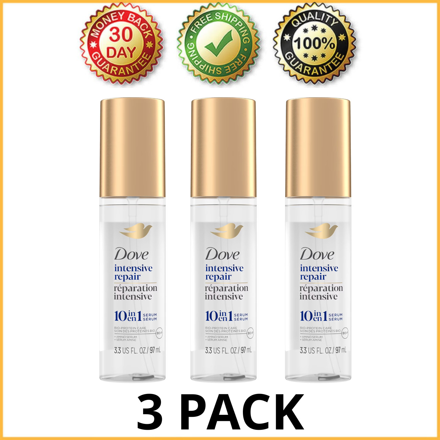 (3 pack) Dove Intensive Repair 10 in 1 Hair Serum Spray Amino Protein 3.3 oz