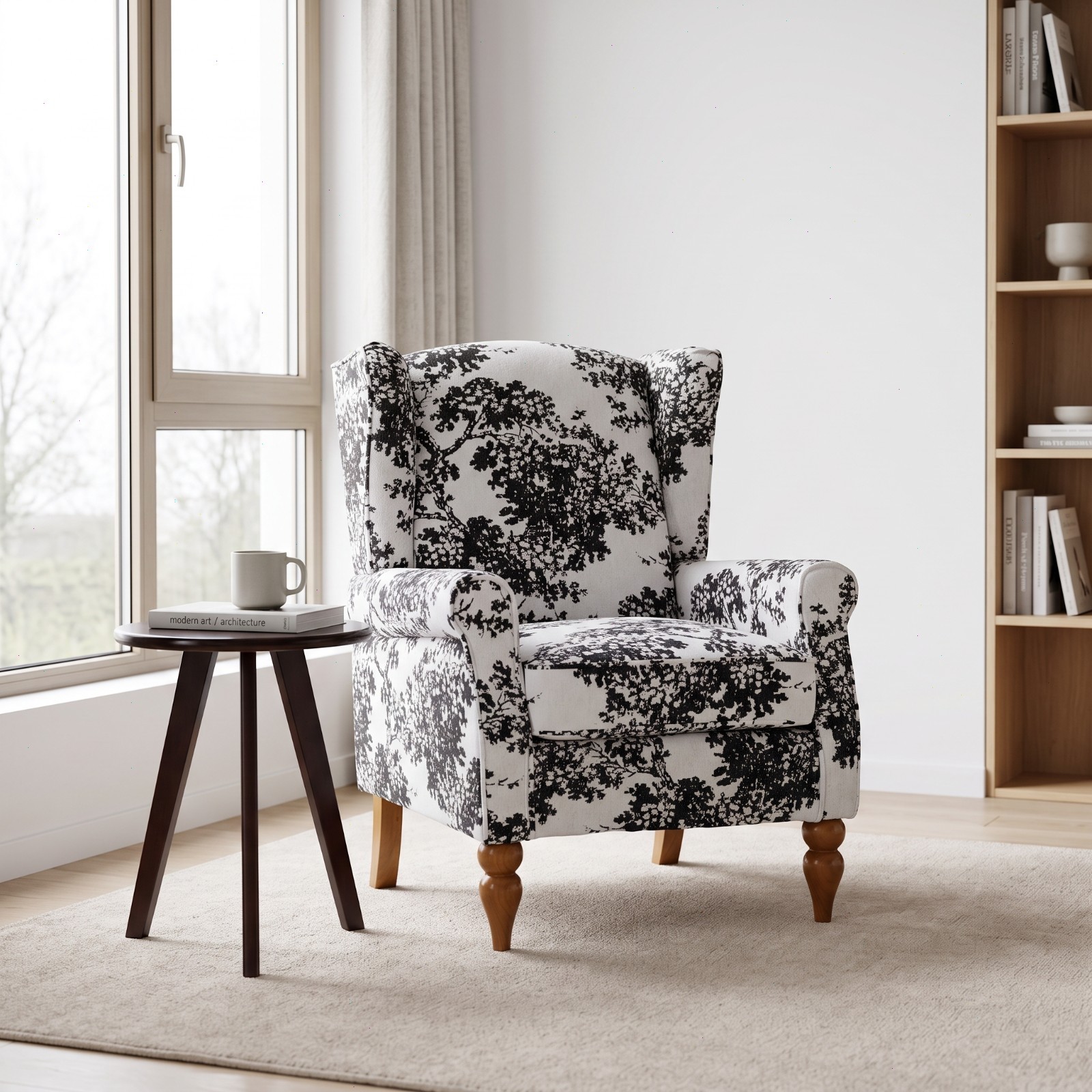 Vintage Floral Accent Chair with Round Wooden Side Table Set for Living Room