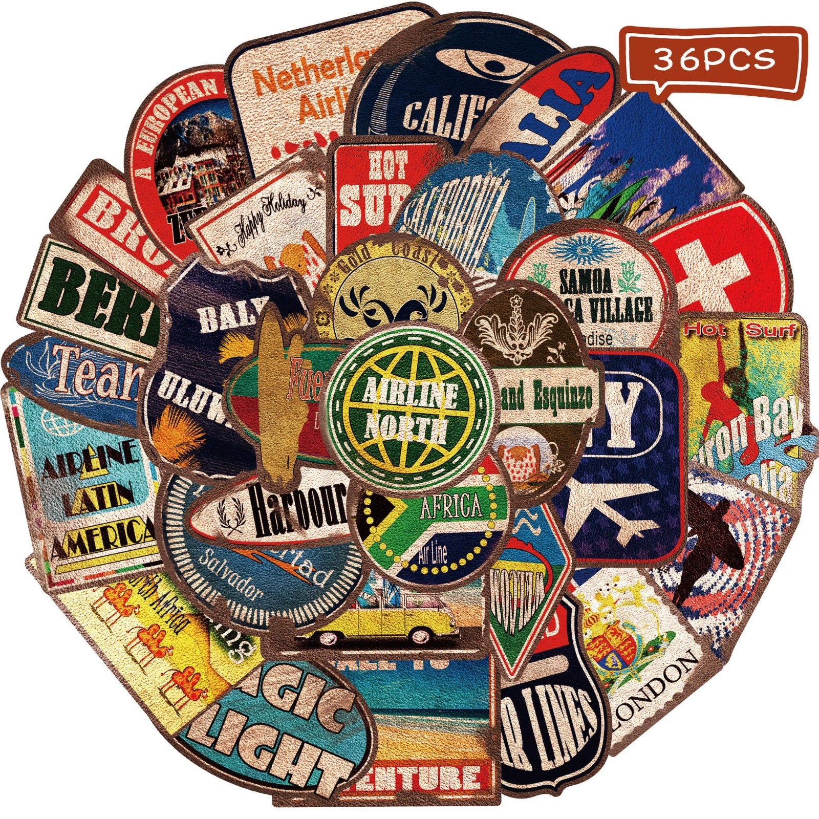 36 PCS Large Retro Travel Stickers - Vintage Decals for Luggage, Water Bottles,