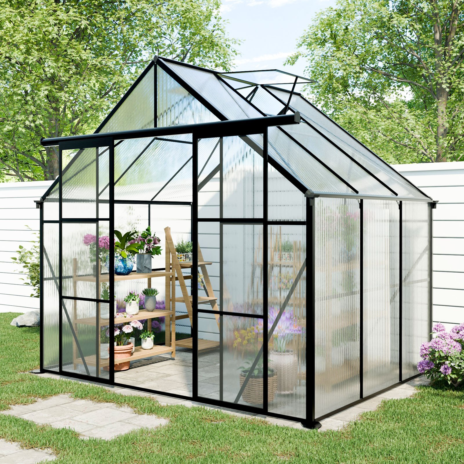 8x6 FT Polycarbonate Double Door Greenhouse with Adjustable Roof for Backyard