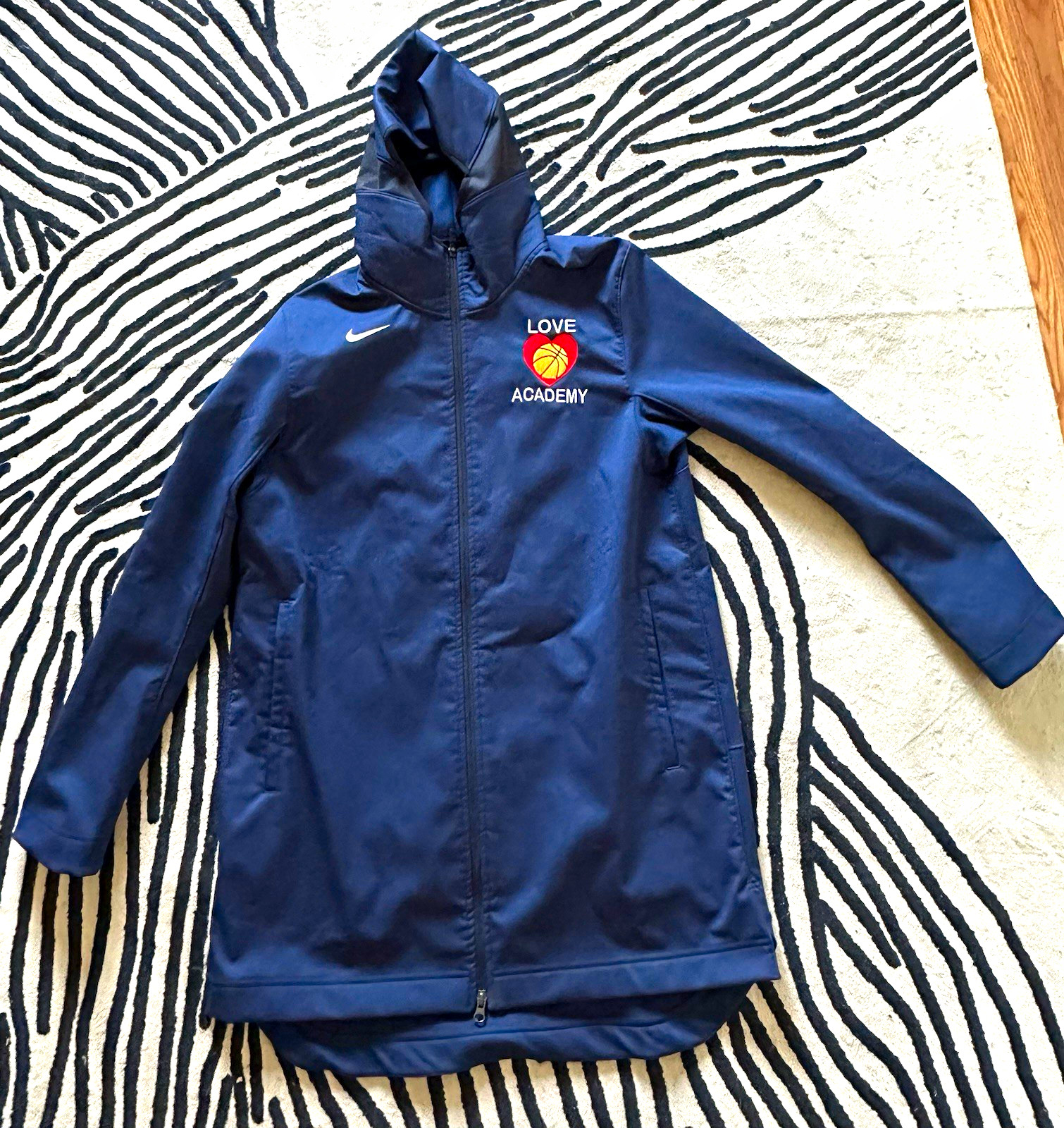 Nike Dri-FIT Men\'s Navy Full-Zip Hooded Jacket w/ Pockets Size L Logo Nike Dri-FIT Men\'s Navy Full-Zip Hooded Jacket w/ Pockets Size L Logo