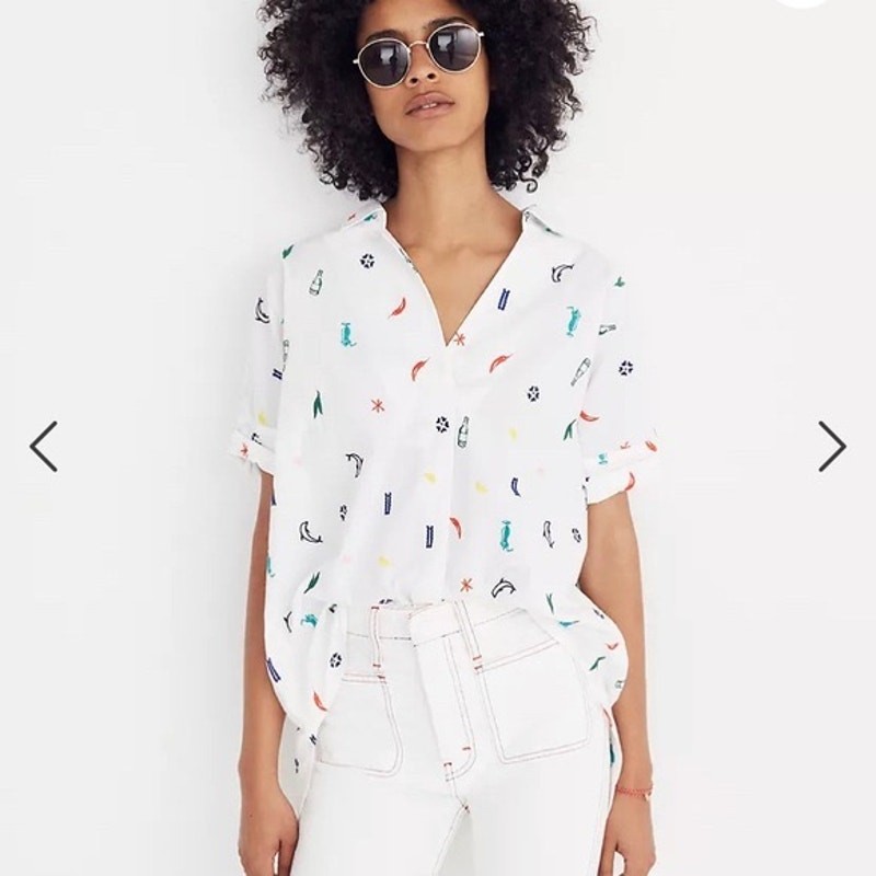 Madewell Summer Friday Embroidered Courier Button-Back Shirt SZ XS