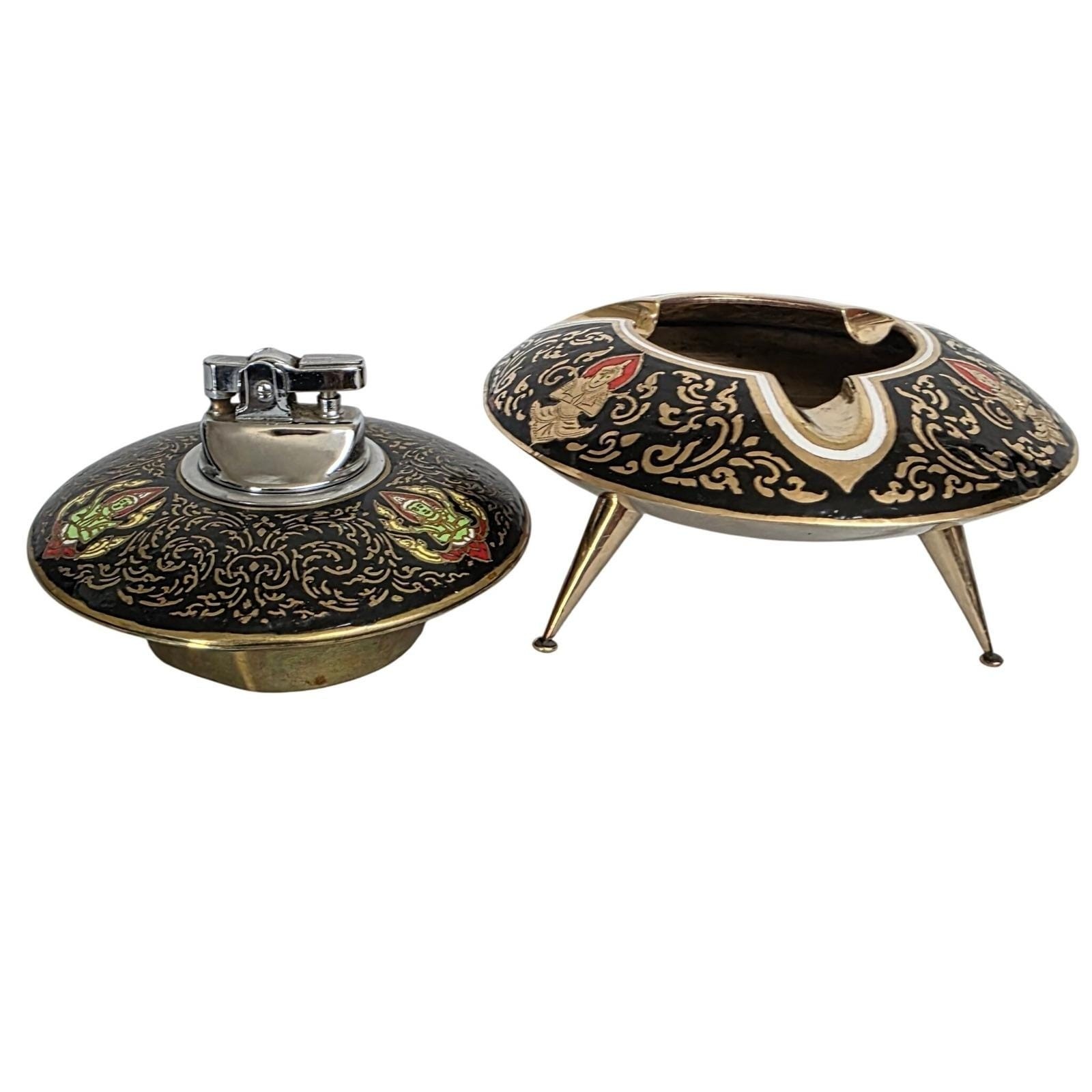 Vintage MCM Brass UFO Tripod Ashtray & Table Lighter Thailand Space Age Atomic