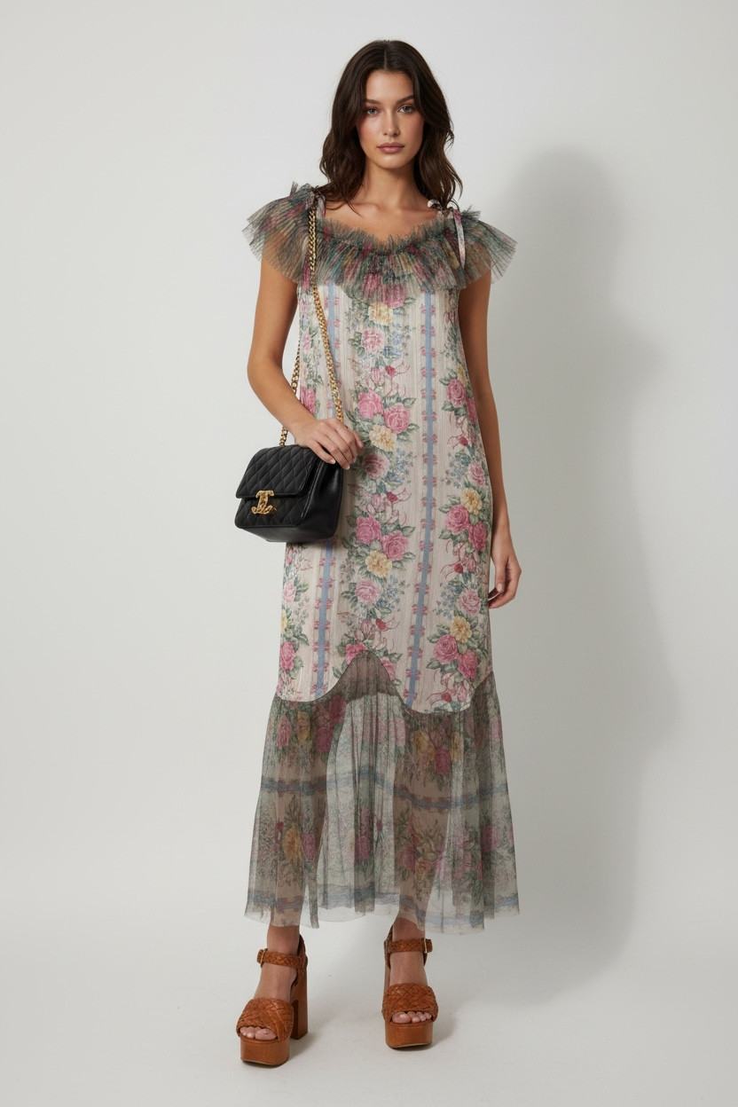 NWT Anna Sui Dress Maxi 10 Silk Floral Coquette Whimsy Boho Off Shoulder Chintz NWT Anna Sui Dress Maxi 10 Silk Floral Coquette Whimsy Boho Off Shoulder Chintz