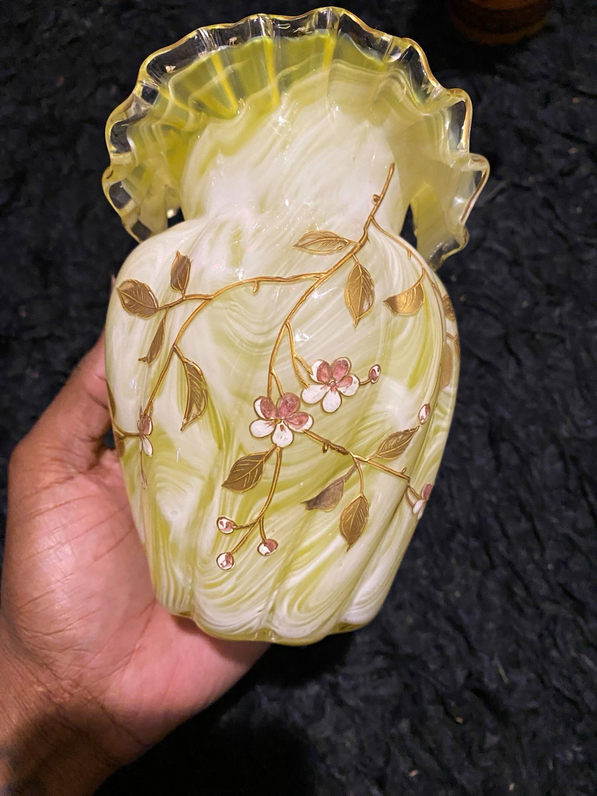 Antique Bohemian Harrach Yellow Cased Art Glass Ruffled Vase Antique Bohemian Harrach Yellow Cased Art Glass Ruffled Vase