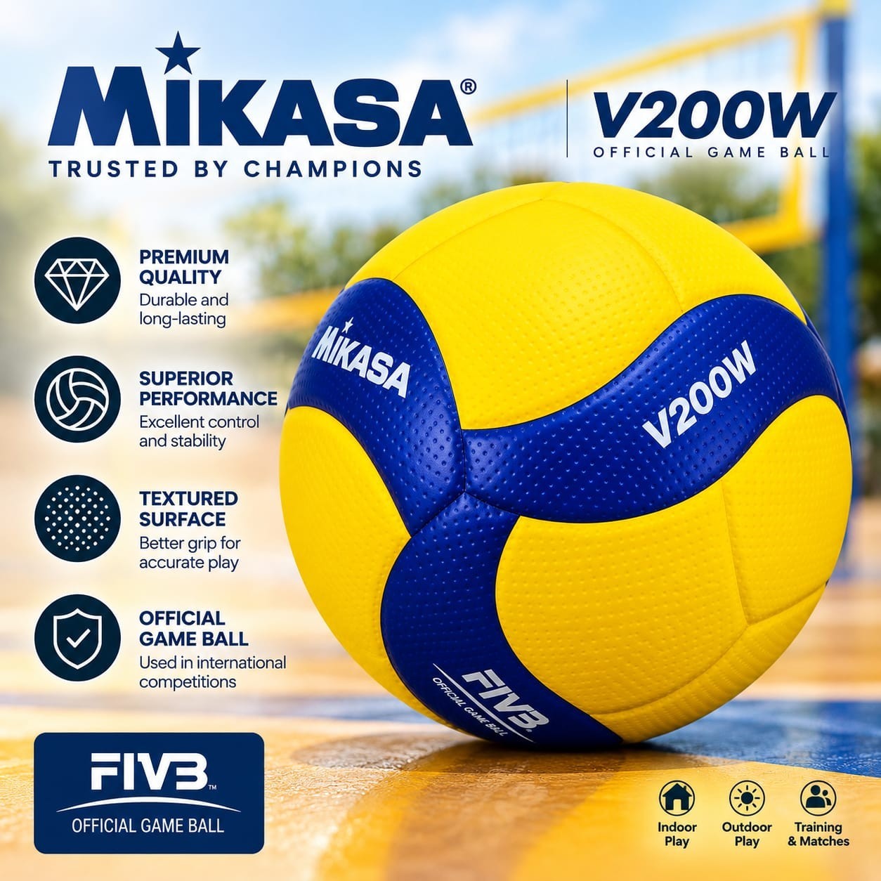 Mikasa V200W Volleyball Official FIVB Game Ball Size 5 Indoor Outdoor Blue Yello