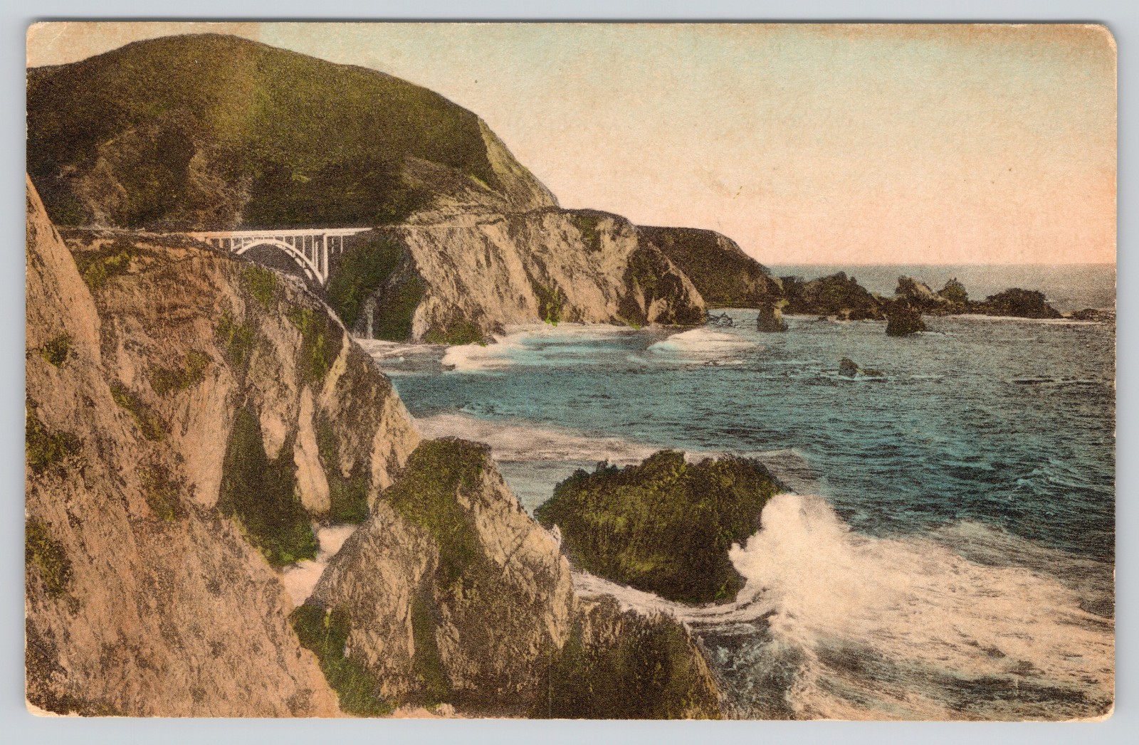 Big Sur CA Postcard Scene Along Carmel San Simeon Highway Hand Colored Californi Big Sur CA Postcard Scene Along Carmel San Simeon Highway Hand Colored Californi