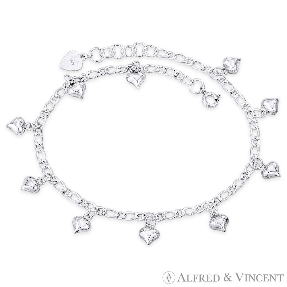 7x7mm Puffed Heart Charm & 3.5mm Figaro Link Chain Anklet in 925 Sterling Silver