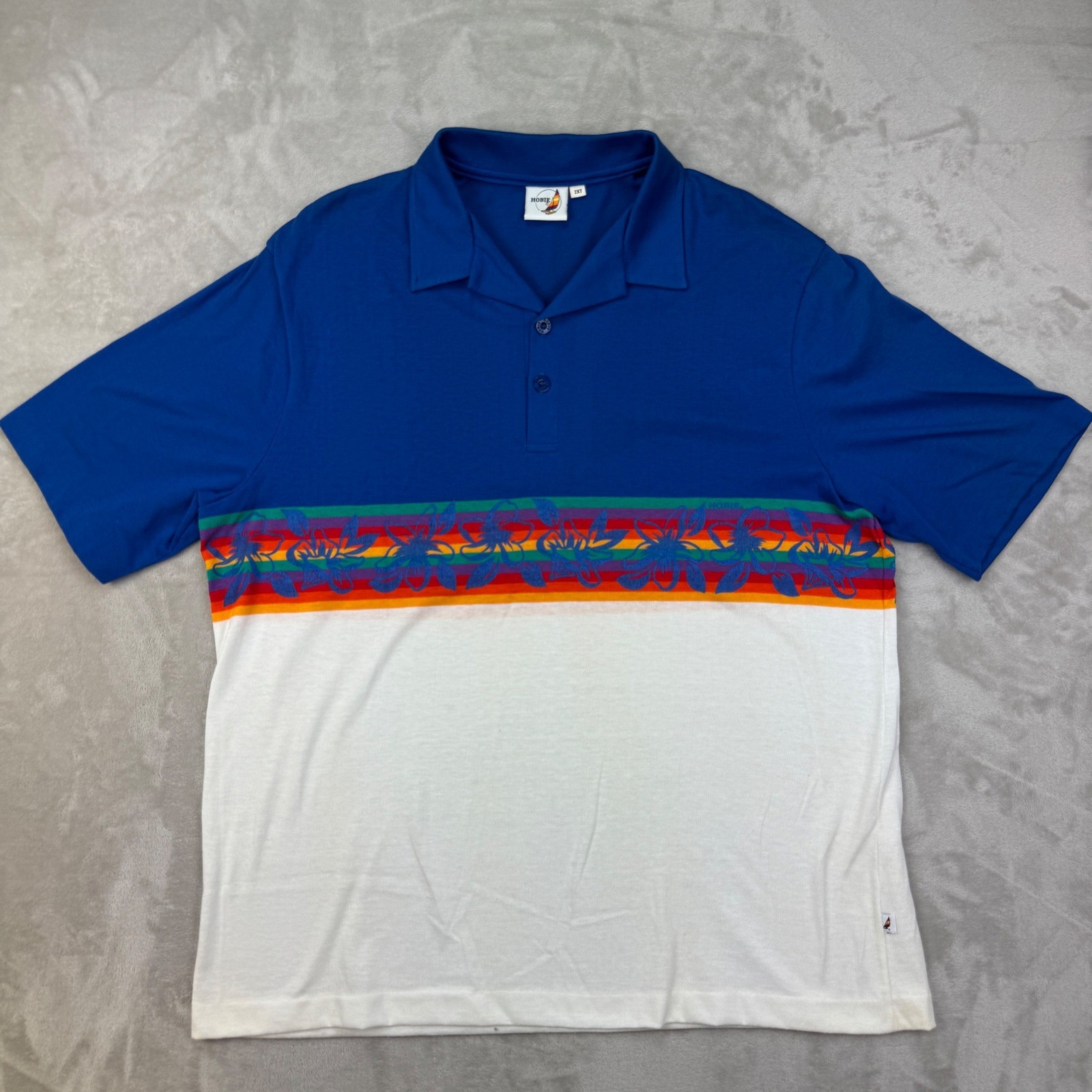 Vintage Hobie Polo Mens 2XT Blue Skate Retro Surf 80s Made in USA Rainbow Stripe