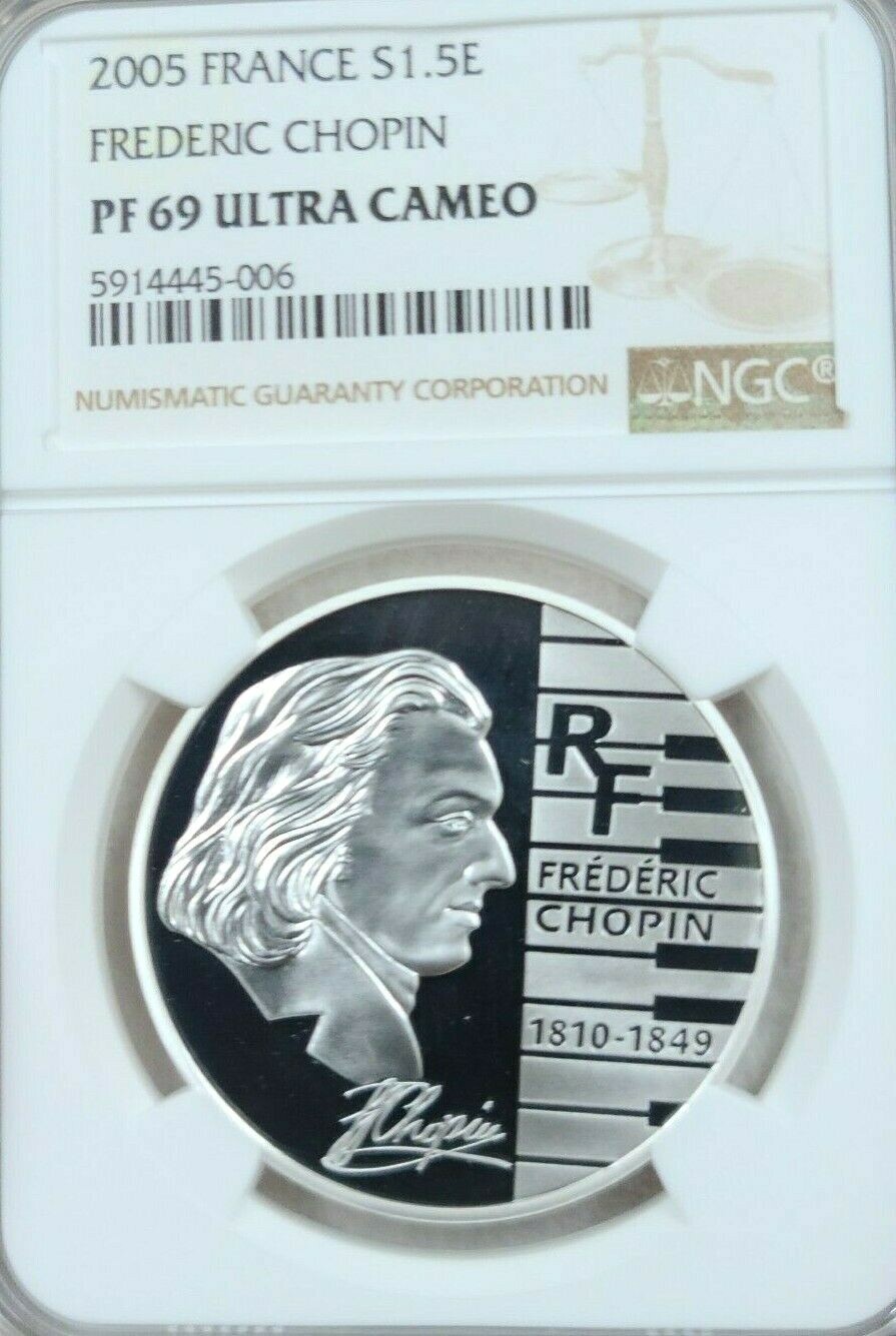 2005 FRANCE SILVER 1.5 EUROS COMPOSER FREDERIC CHOPIN NGC PF 69 ULTRA CAMEO 2005 FRANCE SILVER 1.5 EUROS COMPOSER FREDERIC CHOPIN NGC PF 69 ULTRA CAMEO
