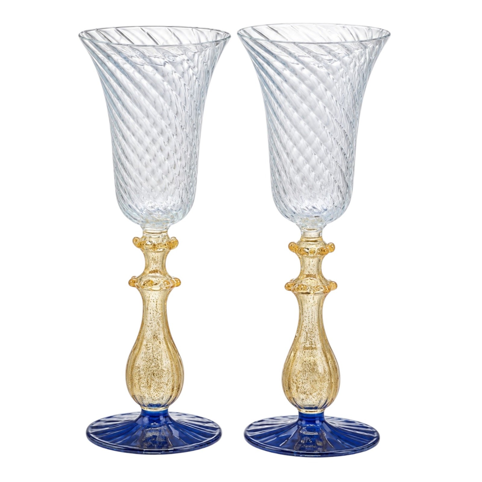 Pair Vintage Murano Venetian Glass Chalice Aventurine Gold Cobalt Blue Goblets