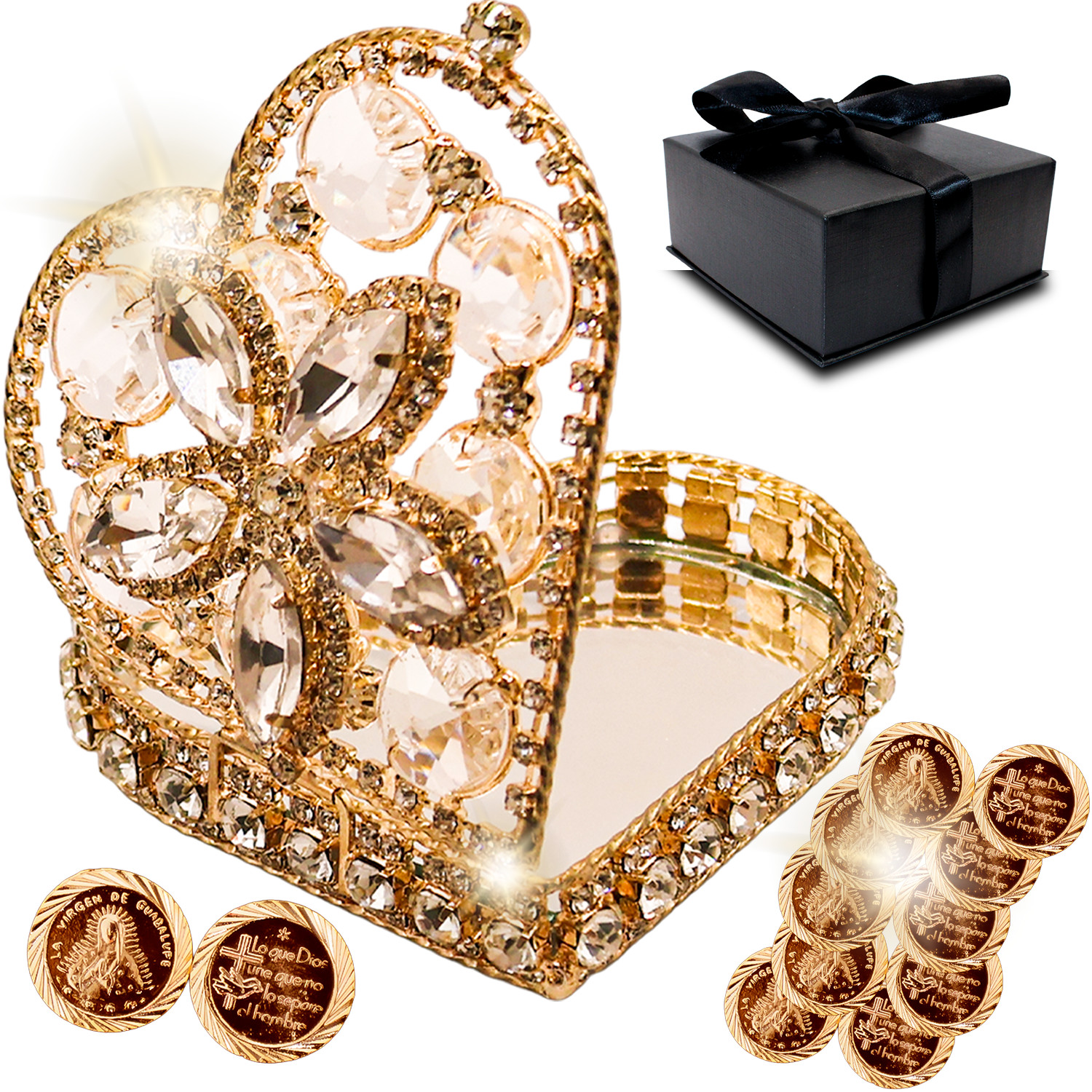 Arras de boda catolica with our virgen de Guadalupe in a gift box 13 coins set