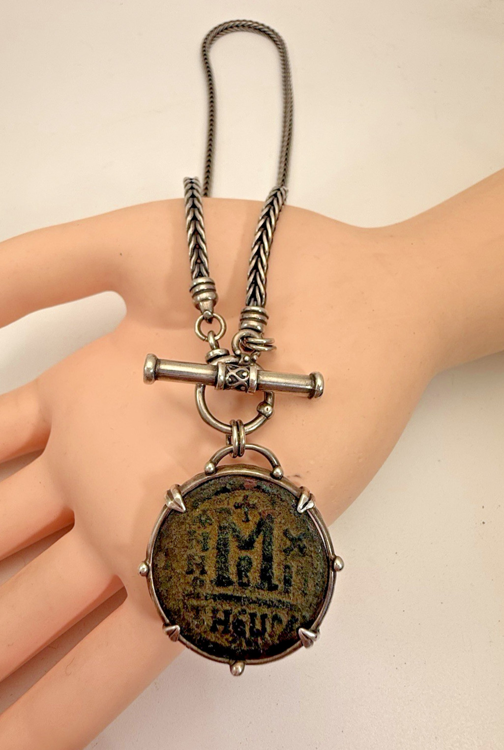 Ancient Byzantine Copper Coin Pendant  Heavy Sterling Wheat Toggle Chain Two OZ