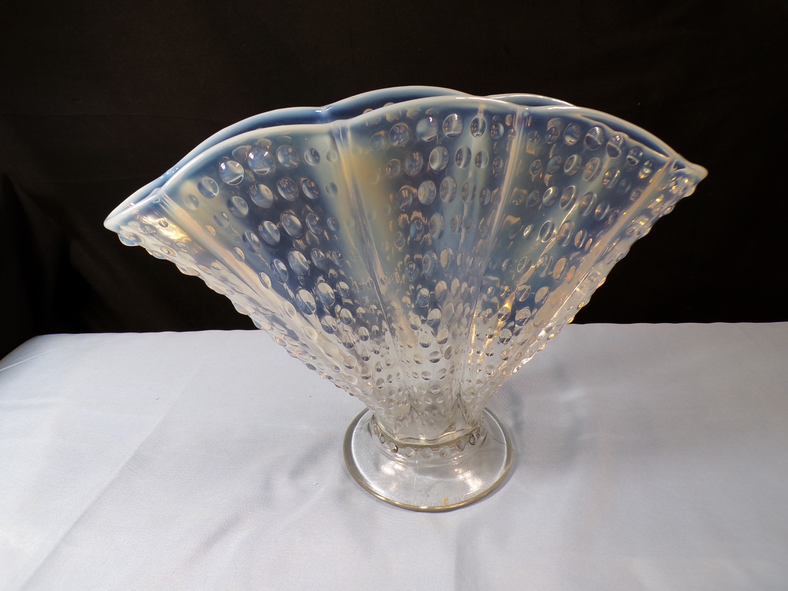 Fenton French Opalescent Glass Hobnail Large Scalloped Melon Rib Fan Vase