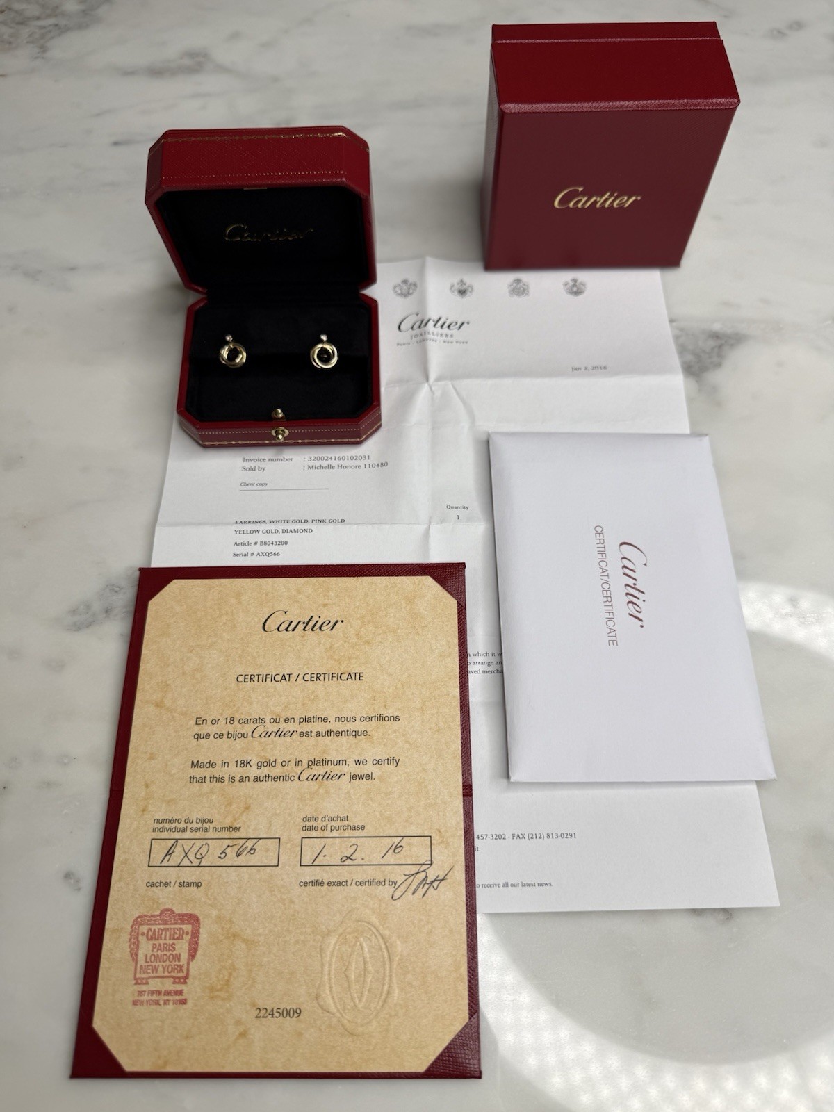 Cartier Trinity Earrings 18K Yellow, White, Rose gold Diamond Accent Full Set