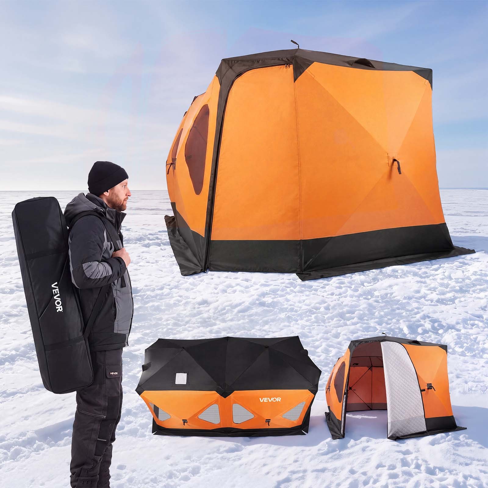 VEVOR Pop Up Ice Fishing Tent 8-10 Person 162x91x91 in Insulated Shelter 600D
