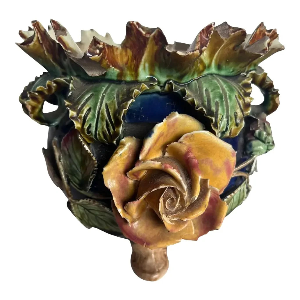 Antique Barbotine Majolica Rose Cachepot Antique Barbotine Majolica Rose Cachepot