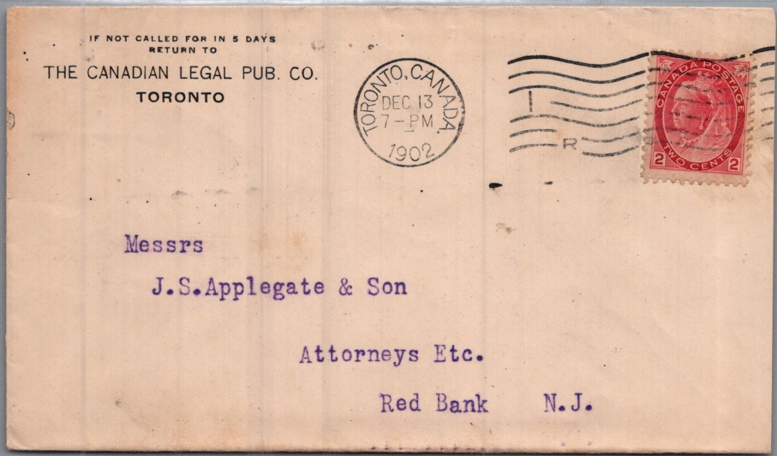 CANADA 1902 POSTAL LEGAL COVER ADDR N.J. USA & POSTMARK TORONTO